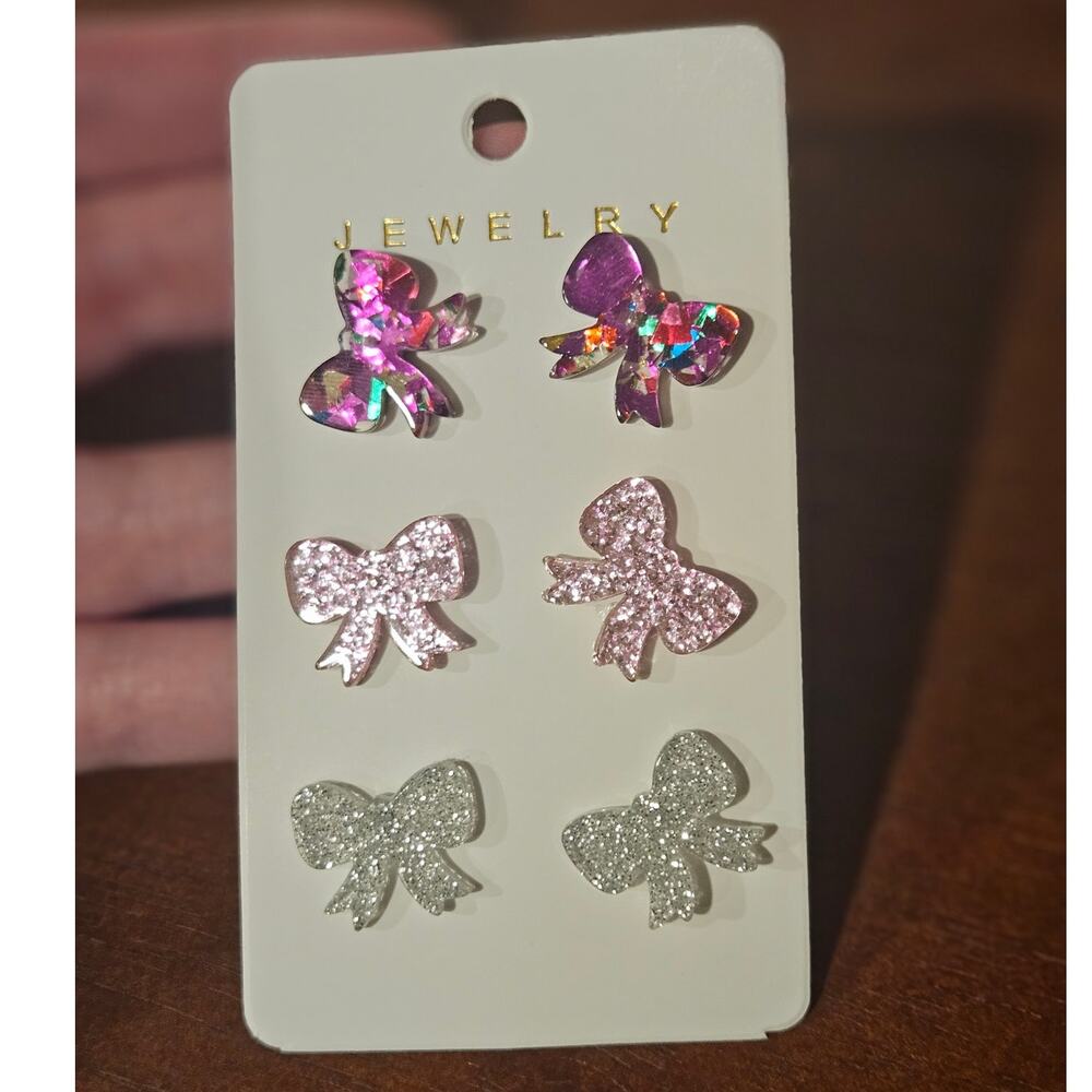 JEWELRY Boutique Set of 3 Glitter Pink & Silver Acryllic Bow Stud Earrings